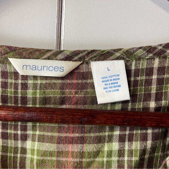 Maurices Green and Brown Plaid V-Neck Blouse - Picture 3 of 6